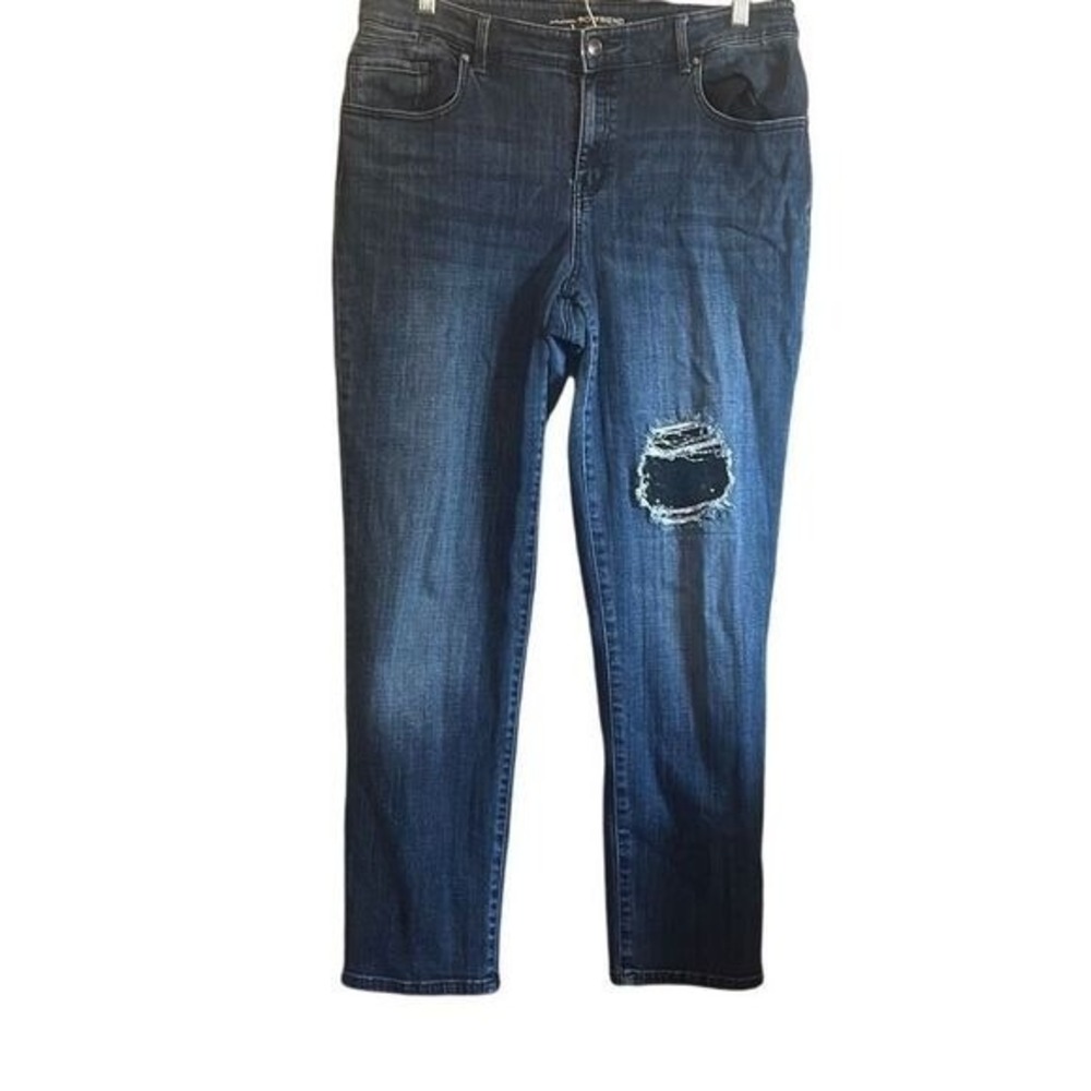 Chicos Platinum Boyfriend Jeans Distressed Sequin Dark Wash Size 12 Regular